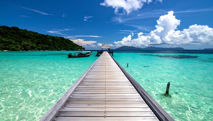 Fototapeta premium Serene tropical wooden dock over water.