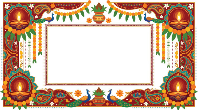 Colorful Indian frame design with traditional elements, peacocks, and oil lamps, vector illustration