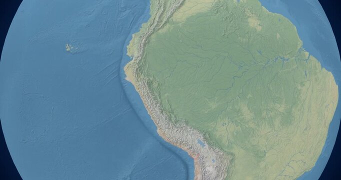 Peru on Globe. Zoom into the country with Earth spinning on dark background. Physical world map with Peru and label on it. Country view animation.