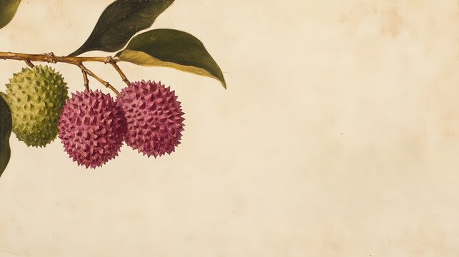 Watercolor aged paper brown black grasshopper long antennae legs positioned right side left branch with two large textured reddish purple fruits lychees and one smaller green fruit from upper left pla