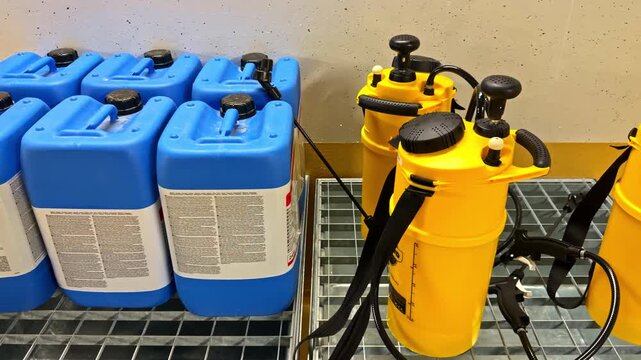 Blue chemical containers and yellow measuring sprayers on a metal shelf for industrial use.