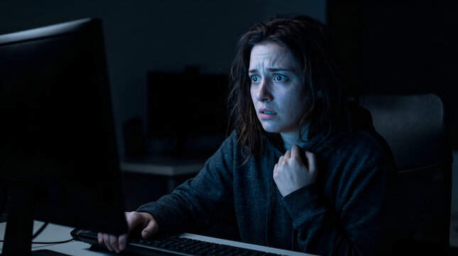 Terrified Young Woman Staring at Computer Monitor in Dark Room, Blue Screen Glow Reflecting on Anxious Face, Cyber Bullying and Horror Concept