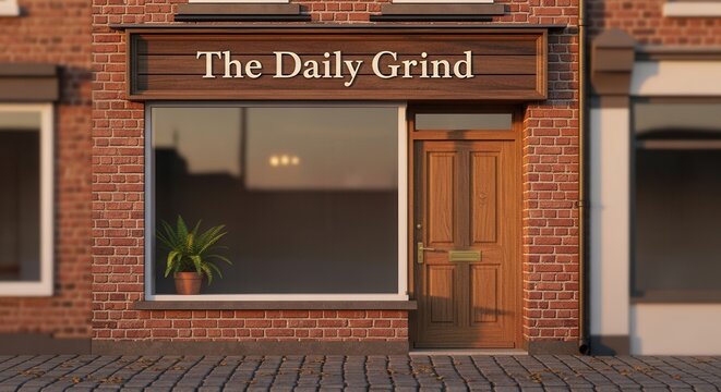 A small storefront for a local coffee shop called The Daily Grind.