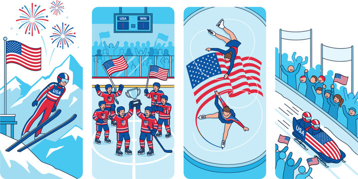 Winter sports vector banners featuring USA athletes, ice hockey team celebration with trophy, figure skating and bobsleigh competition illustrations isolated on White Background