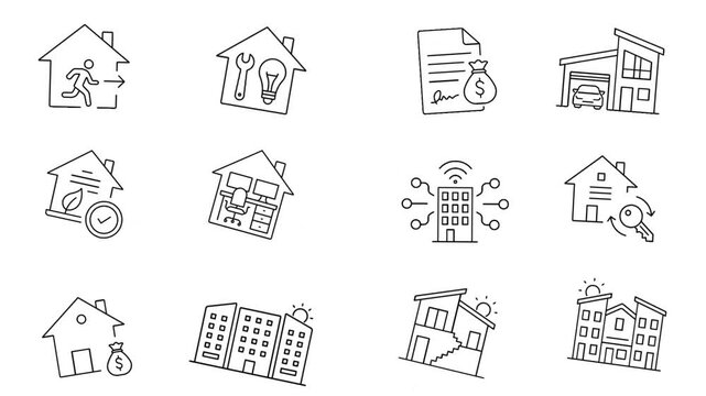 Real estate and property icon set vector animation