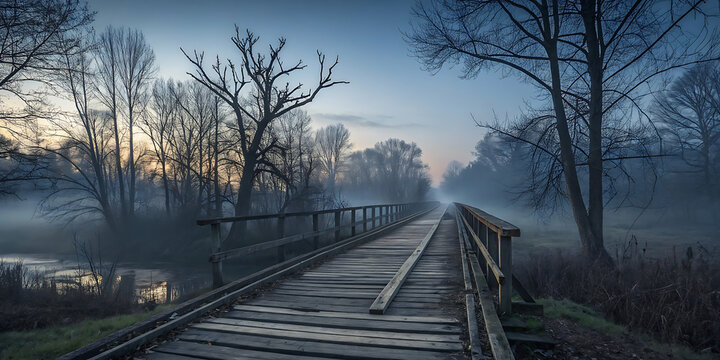Mystical wooden bridge in morning fog, rustic timber walkway, eerie forest landscape
