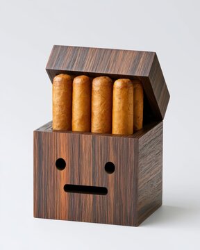 Premium wooden cigar box with smiling face design storing handcrafted rolled tobacco sticks for tobacco enthusiasts