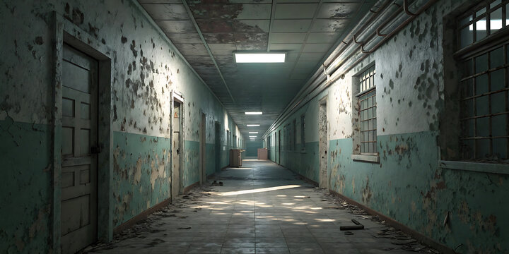 Abandoned hospital corridor, derelict asylum hallway, creepy old building interior view