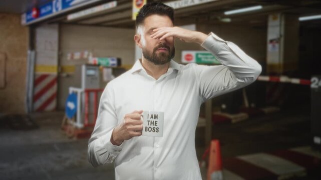 Hispanic man with beard in white shirt holding a mug that reads 'i am the boss' and rubbing his eyes with his hand in a parking building; weary irony.