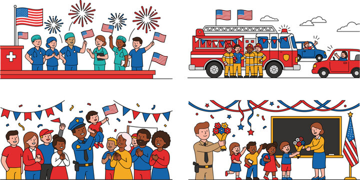 American community heroes vector set, patriotic first responders and teachers, 4 cartoon scenes collection