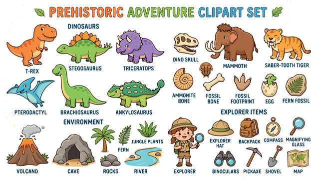 Prehistoric adventure clipart set with dinosaurs and explorer items. Cartoon dinosaur collection, paleontology fossils and jungle environment vector elements.