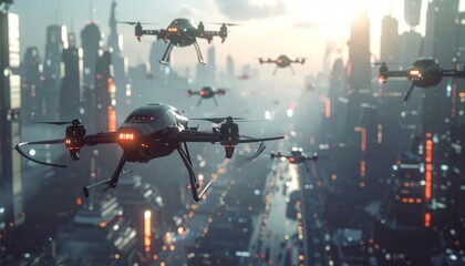 Naklejka premium Futuristic Cityscape with Drones Flying Over Skyscrapers at Sunset.