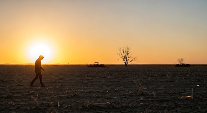 person walking alone in dry landscape.