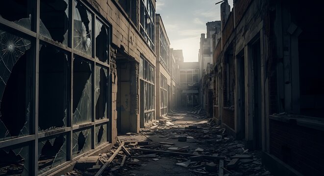 Abandoned urban alleyway with debris and destruction.