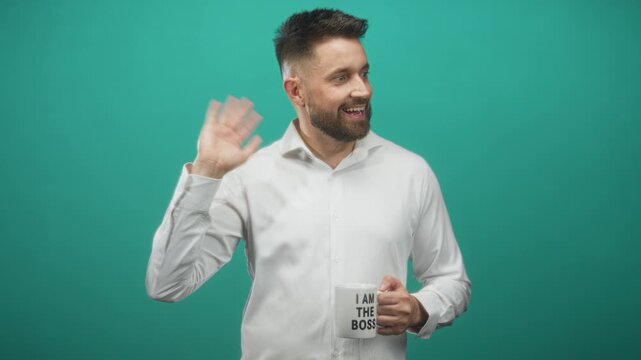 Man with beard holds coffee mug that reads i am the boss and waves right hand in studio; confidence leadership.