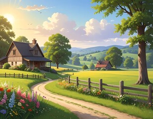 Obraz premium Serene countryside landscape with house.