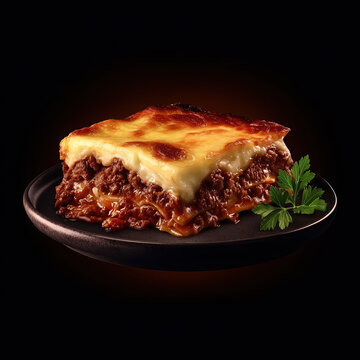 Serving of baked lasagna with meat ragu and cheesy b chamel top on dark plate