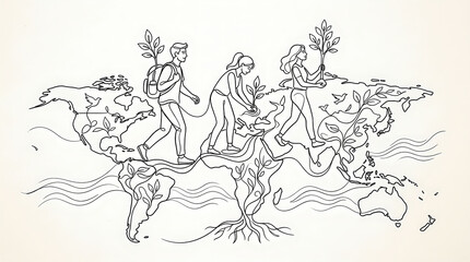 Fototapeta premium Diverse group of people walking across a stylized world map, planting trees and carrying saplings, symbolizing global environmentalism and growth in a minimalist line art style.