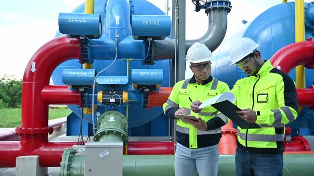 Expert engineers and supervisors are collaborating to ensure the safety of high-pressure water tanks and pipes meets standards.