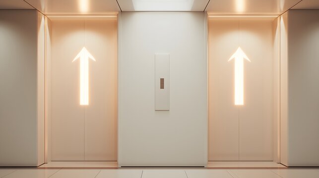 Symmetrical minimalist elevator lobby background with glowing up arrows on doors