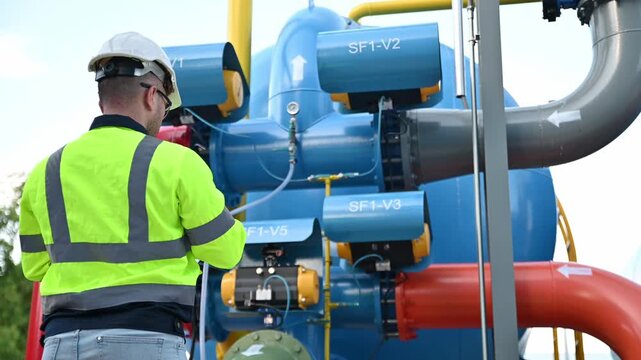 A specialist engineer is inspecting the structural integrity of the water tank and high-pressure pipes.