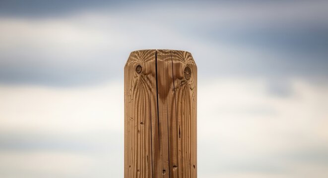 A single weathered wooden post standing against a cloudy sky background.
