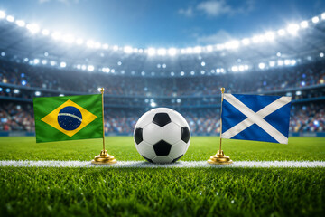 Obraz premium Football on a stadium pitch with miniature flags of Brazil and Scotland, representing an international football match.