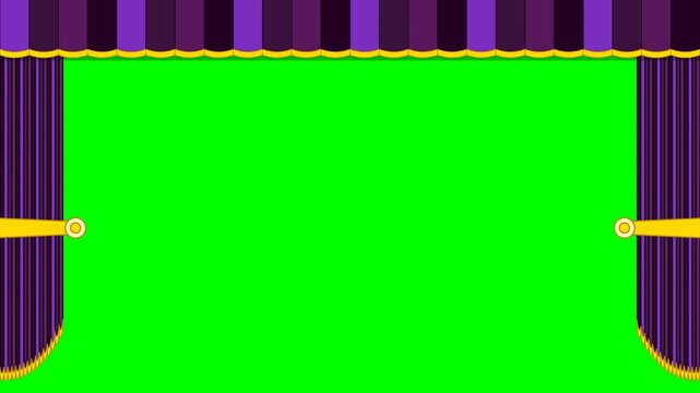 A professional 10-second seamless curtain reveal animation, featuring a luxury purple velvet design, gold trim, and a high-contrast green screen background for easy compositing