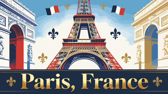 Iconic Parisian landmarks, the Eiffel Tower and Arc de Triomphe, under a bright blue sky with French flags and fleur-de-lis.