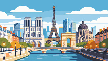 A vibrant cityscape illustration of Paris, France, featuring iconic landmarks like the Eiffel Tower, Notre Dame Cathedral, and Arc de Triomphe along the Seine River. © Ngelus