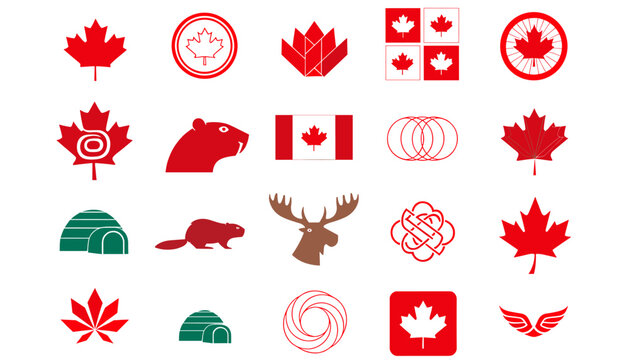 Collection of Canadian symbols and icons including maple leaves, flags, beavers, moose, and igloos.