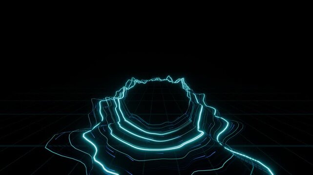Cyan Electric Ring Frame Rising Above Dark Wireframe Grid
