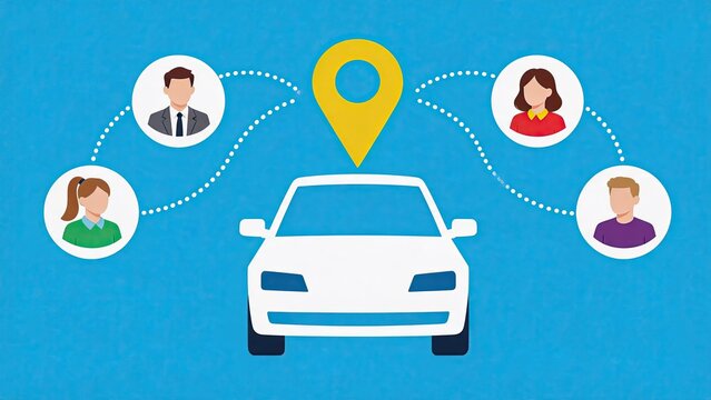 Car sharing ride hailing service concept illustration with vehicle icon connected to user profiles and location pin for transportation network, taxi app, driver passenger