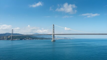 Fototapeta premium Modern Cable Stayed Sea Bridge With Blue Sky Coastal Mountains And Calm Ocean Daylight View