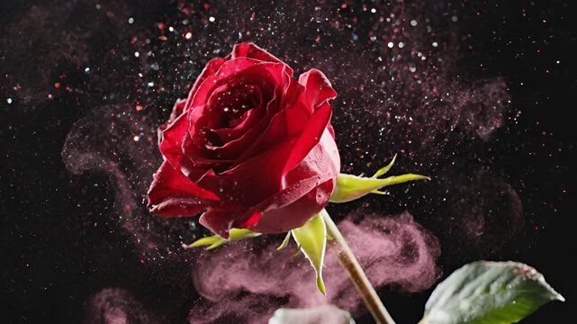 Closeup of a vibrant red rose with swirling pink smoke and glittering particles against a dark background.
