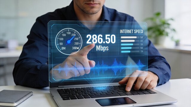 Internet speed test hologram display on laptop, high bandwidth network connection, data transfer rate measurement, digital connectivity concept, cyber technology, online