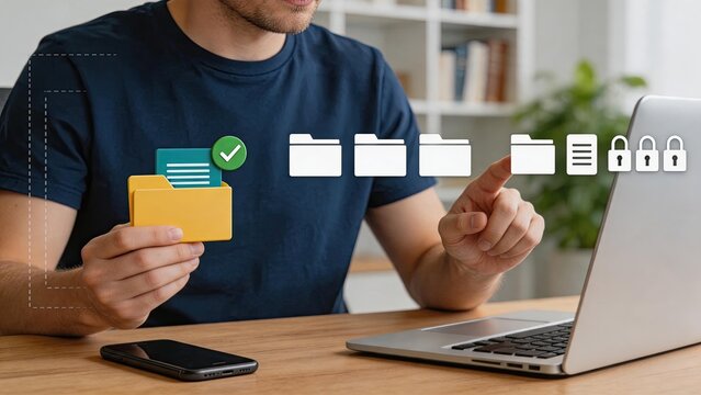Digital file management and data security concept. Man organizing folders on laptop screen with cloud storage icons. Cybersecurity protection, document organization, privacy