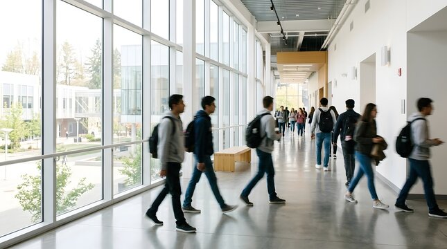 Students Walking in Modern University Hallway Bright Campus Scene
