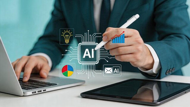 Artificial intelligence AI chip circuit board with data analysis graphs and innovation light bulb icon on tablet and laptop