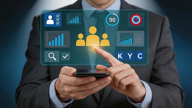 Man using smartphone for KYC verification process with digital identity icons and business analytics charts on virtual screen