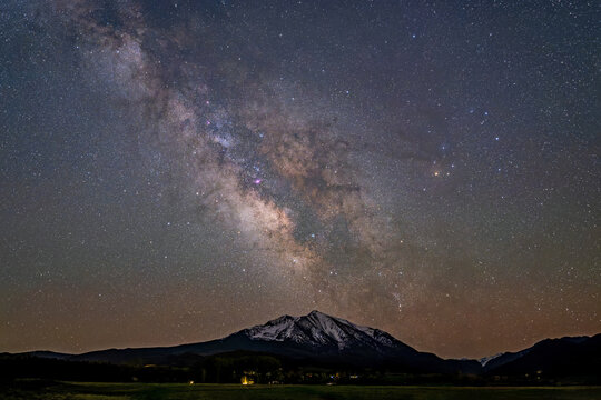 Milky Way galactic core over Mount Sopris near Carbondale, Colorado in clear night sky.
