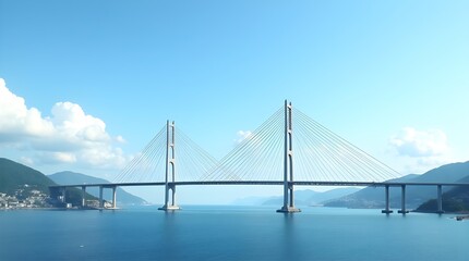 Obraz premium Modern Cable Stayed Sea Bridge With Blue Sky Coastal Mountains And Calm Ocean Daylight View