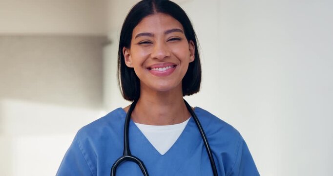 Nurse, mask and face of woman in hospital for virus protection, outbreak and smile. Healthcare advisor, infectious disease ppe and medical with person in clinic for wellness, safety and about us