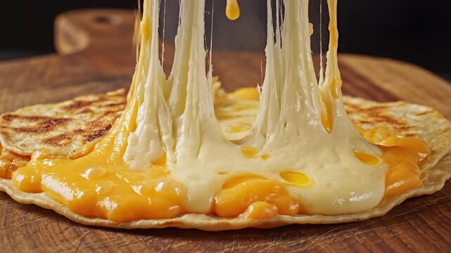 Deliciously Melty Cheese Stretch on a Crispy Tortilla CloseUp.