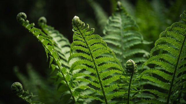 A high-detail close-up shot of vibrant green fern fronds and fiddleheads unfurling in a shadowy, lush forest environment.
