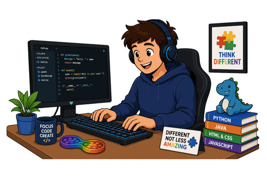Young Coder Programming at Desk with Headphones and Computer