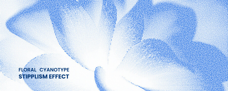 Floral cyanotype stipplism effect background blue halftone pointillism flower pattern banner retro engraving botanical art
