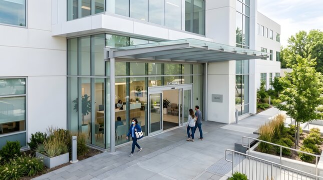 Modern Healthcare Clinic Entrance with Patients Arriving