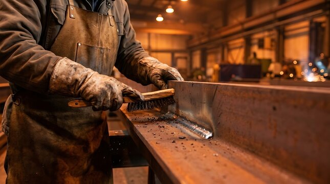 Industrial worker cleaning a welded metal beam with a wire brush in a workshop