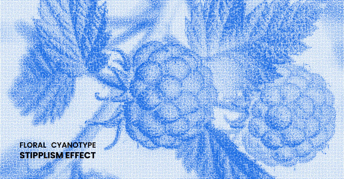 Blue cyanotype floral stipplism background with raspberries and leaves vintage botanical illustration with dotted halftone stipple effect pattern